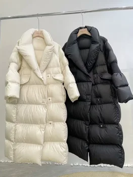 Janveny Ультралегкая пушистая куртка из фугу из мягких перьев, женское пальто на утином пуху 2023, Зимние женские толстые парки большого размера с длинным рукавом