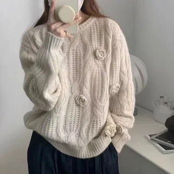 Вязаный свитер с 3D розами, женский осень / Зима 2023, Новый пуловер из жареного теста, пальто, женский топ