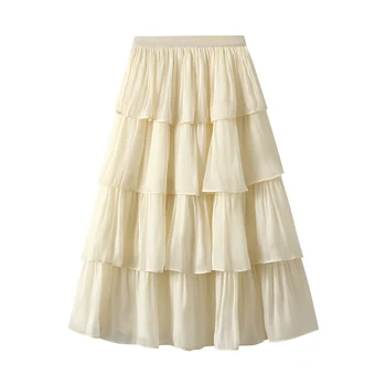 Летняя пряжа Миди-Трапециевидные Многоуровневые юбки для торта, женская модная повседневная Эластичная Женская одежда с высокой талией, Розовая, Белая, средней длины