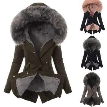 Теплая зимняя женская хлопковая куртка-пуховик с капюшоном из искусственного меха, повседневная верхняя одежда, Длинное пальто